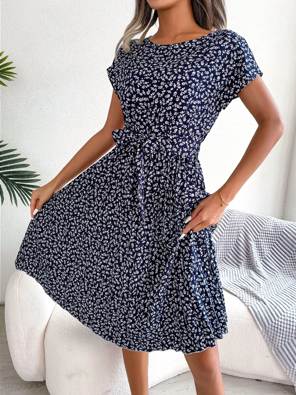 Women Floral Short Sleeve Summer Printing Dress Crew Neck Daily Vintage Midi Tank A-Line Dress