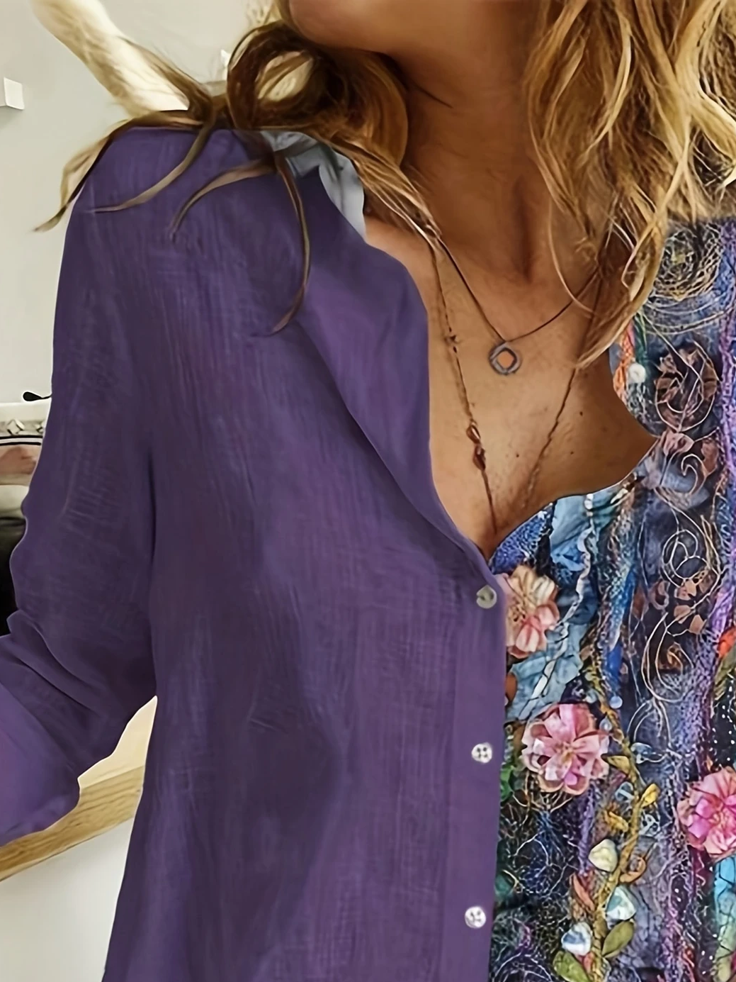 Women Floral Long Sleeve Shirt Spring/Fall Buckle Shirt Collar Daily Casual Top