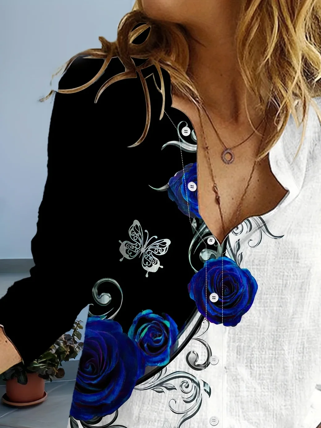 Women Floral Long Sleeve Shirt Spring/Fall Buckle Shirt Collar Daily Casual Top