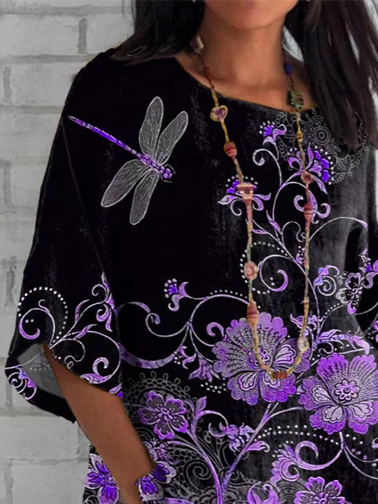 Women Floral Half Sleeve Tee T-shirt Crew Neck Casual Summer Top