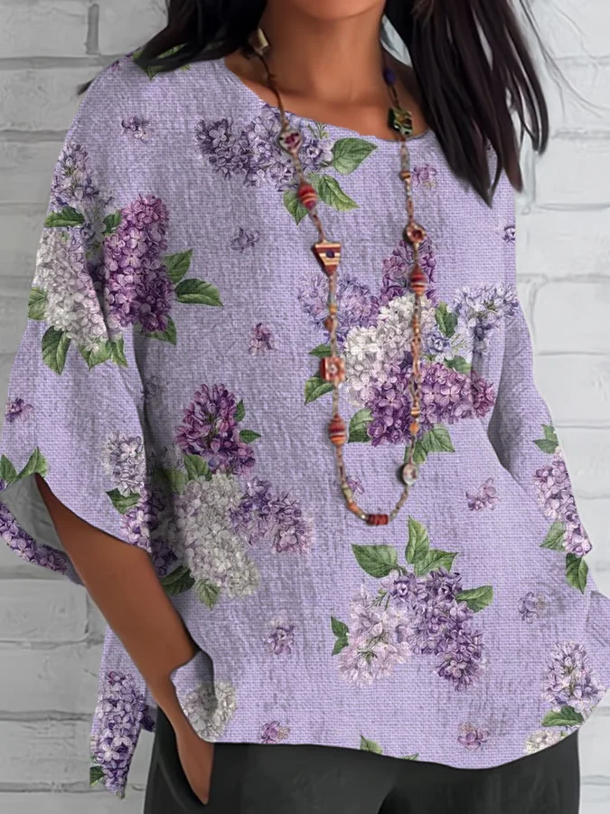 Women Floral Half Sleeve Tee T-shirt Crew Neck Casual Summer Top