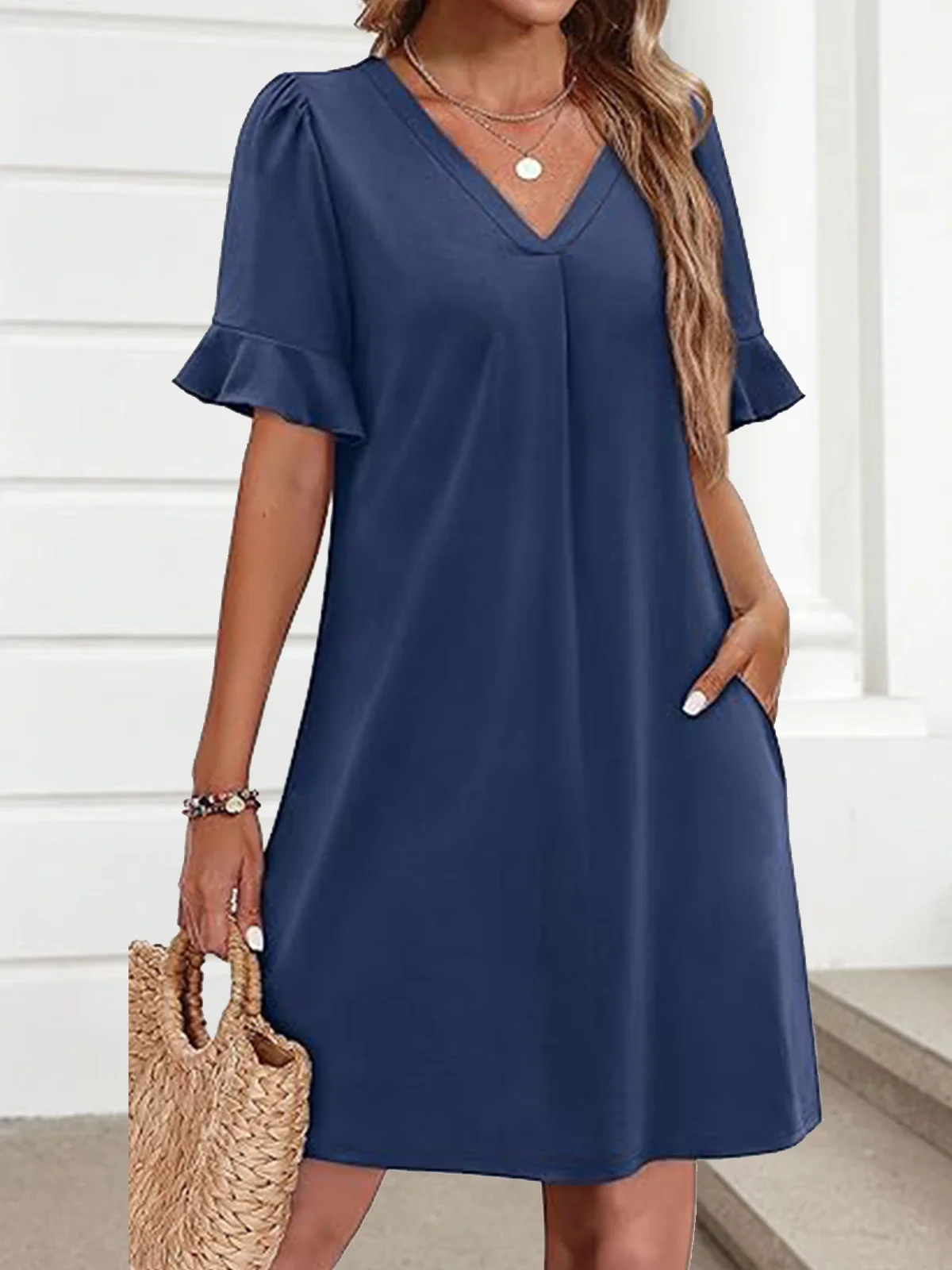 Women Plain Short Sleeve Summer Dress V Neck Daily Casual Midi Fit & Flare Dress A-Line Dress