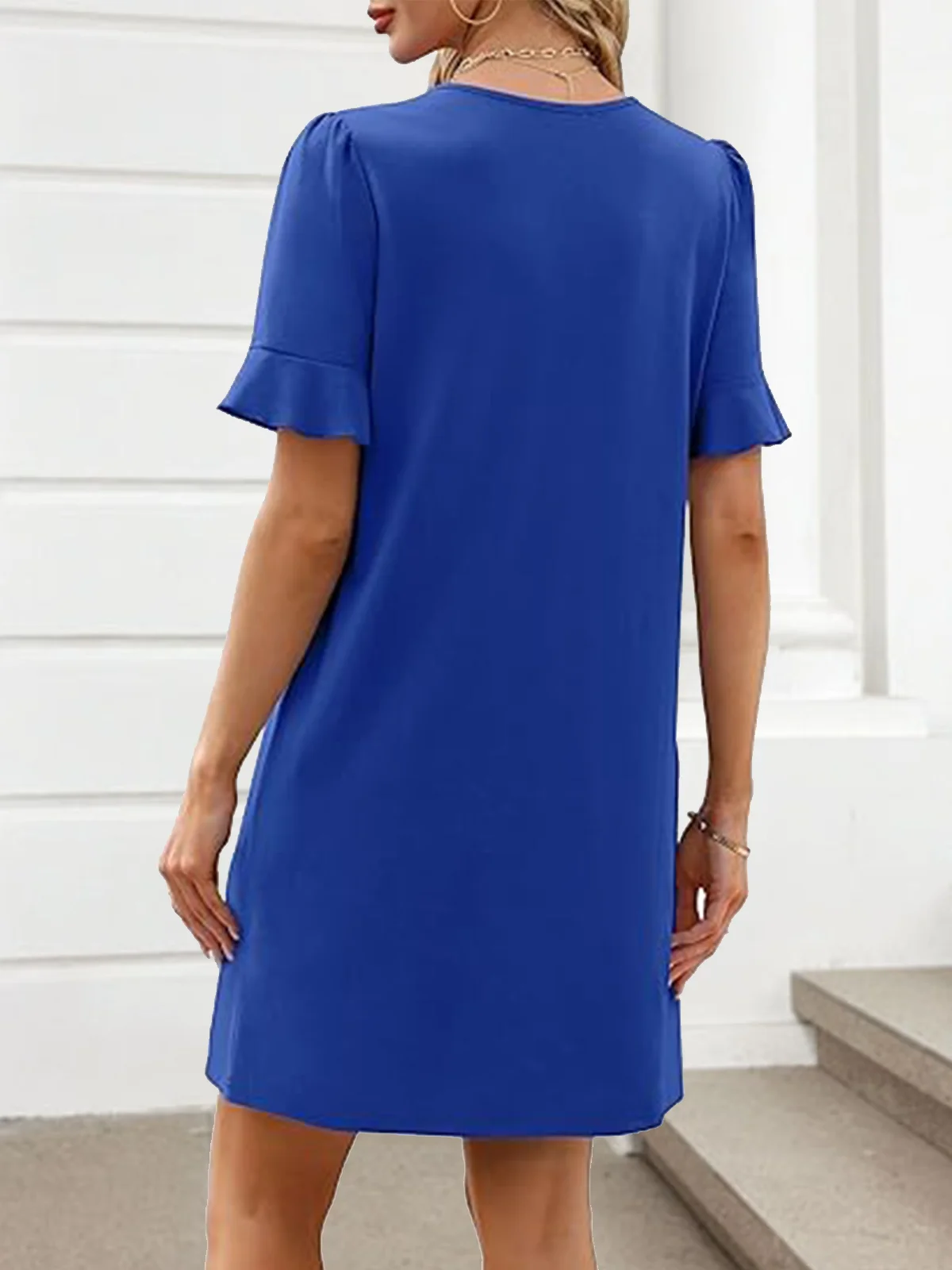 Women Plain Short Sleeve Summer Dress V Neck Daily Casual Midi Fit & Flare Dress A-Line Dress