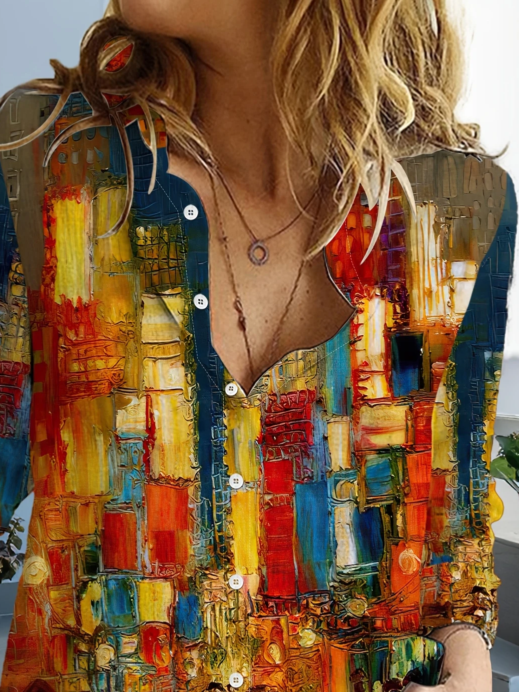 Women Abstract Long Sleeve Shirt Spring/Fall Buckle Shirt Collar Daily Casual Top