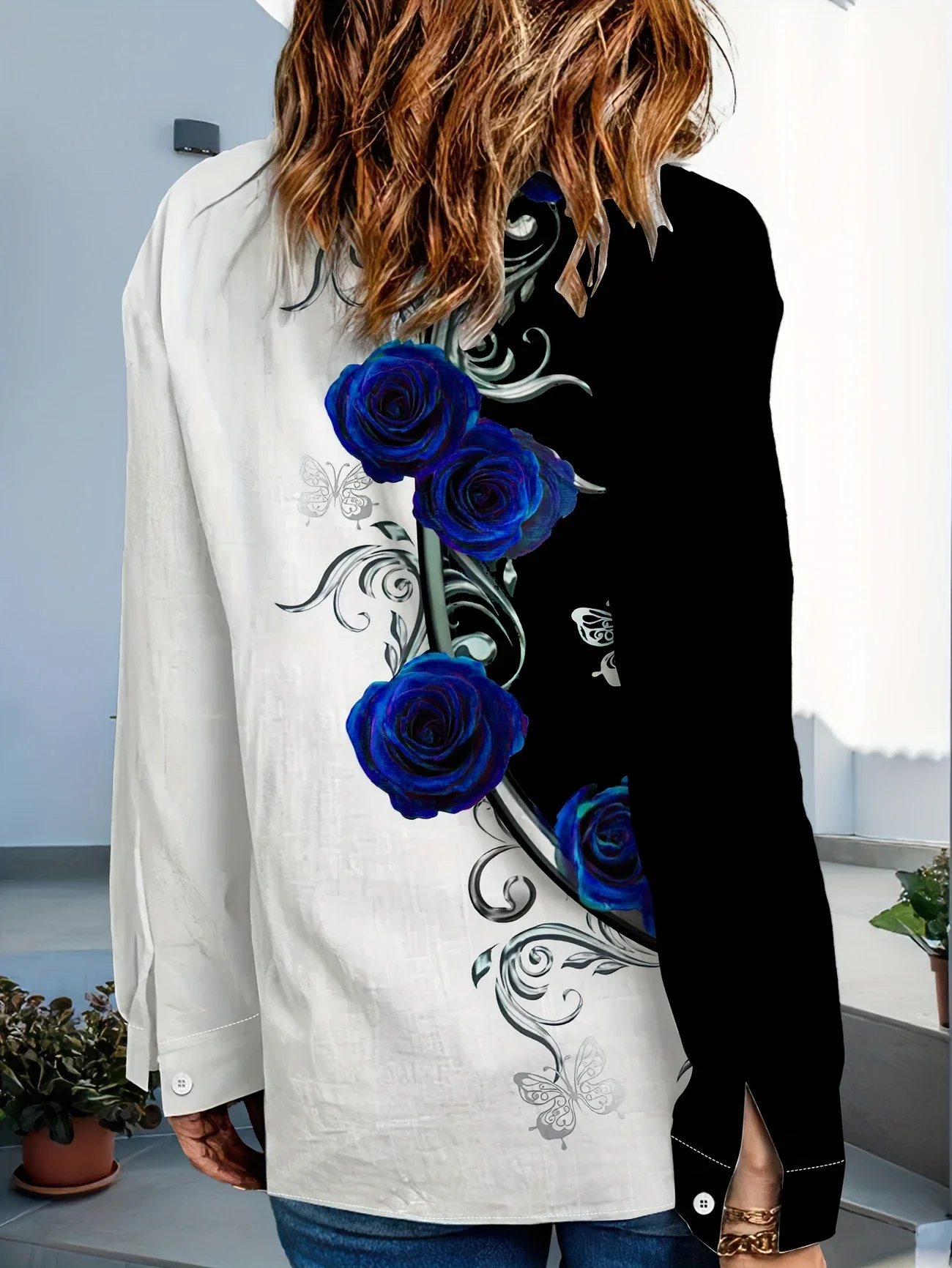 Women Floral Long Sleeve Shirt Spring/Fall Buckle Shirt Collar Daily Casual Top
