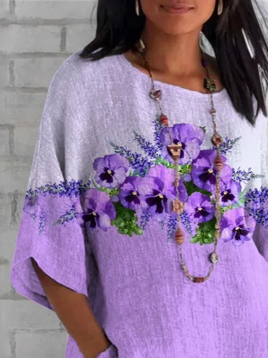 Women Floral Half Sleeve Tee T-shirt Crew Neck Casual Summer Top
