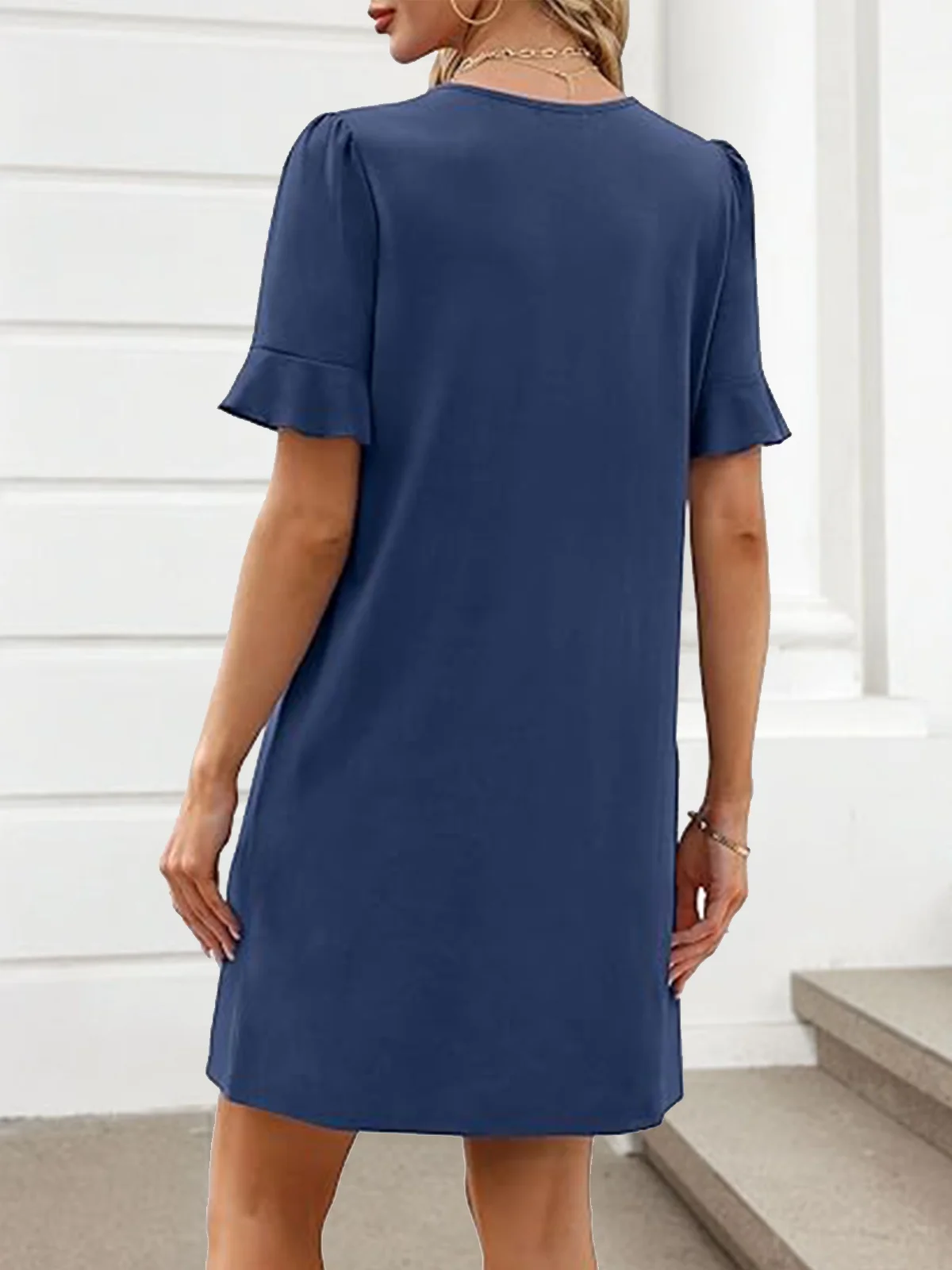 Women Plain Short Sleeve Summer Dress V Neck Daily Casual Midi Fit & Flare Dress A-Line Dress