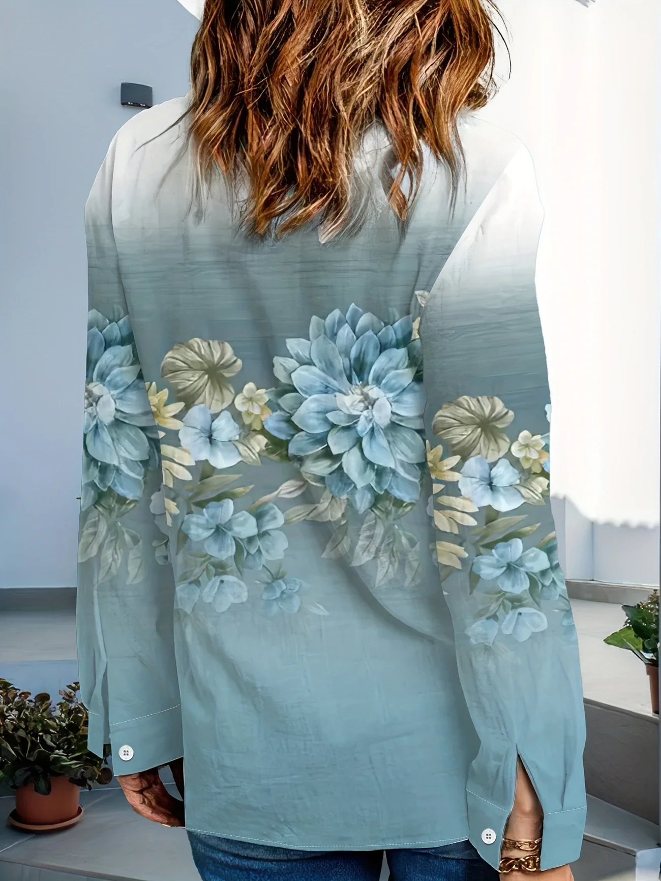 Women Floral Long Sleeve Shirt Spring/Fall Buckle Shirt Collar Daily Casual Top