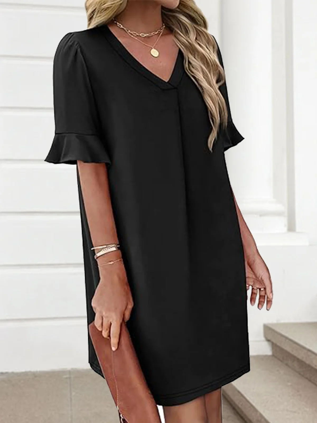 Women Plain Short Sleeve Summer Dress V Neck Daily Casual Midi Fit & Flare Dress A-Line Dress