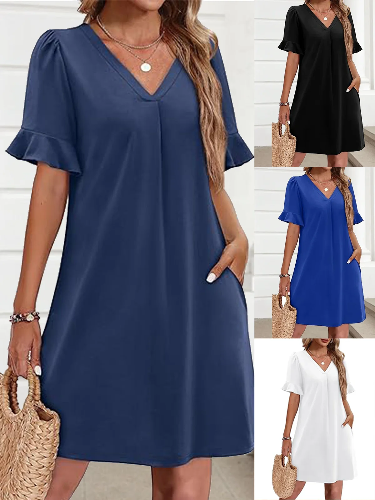 Women Plain Short Sleeve Summer Dress V Neck Daily Casual Midi Fit & Flare Dress A-Line Dress