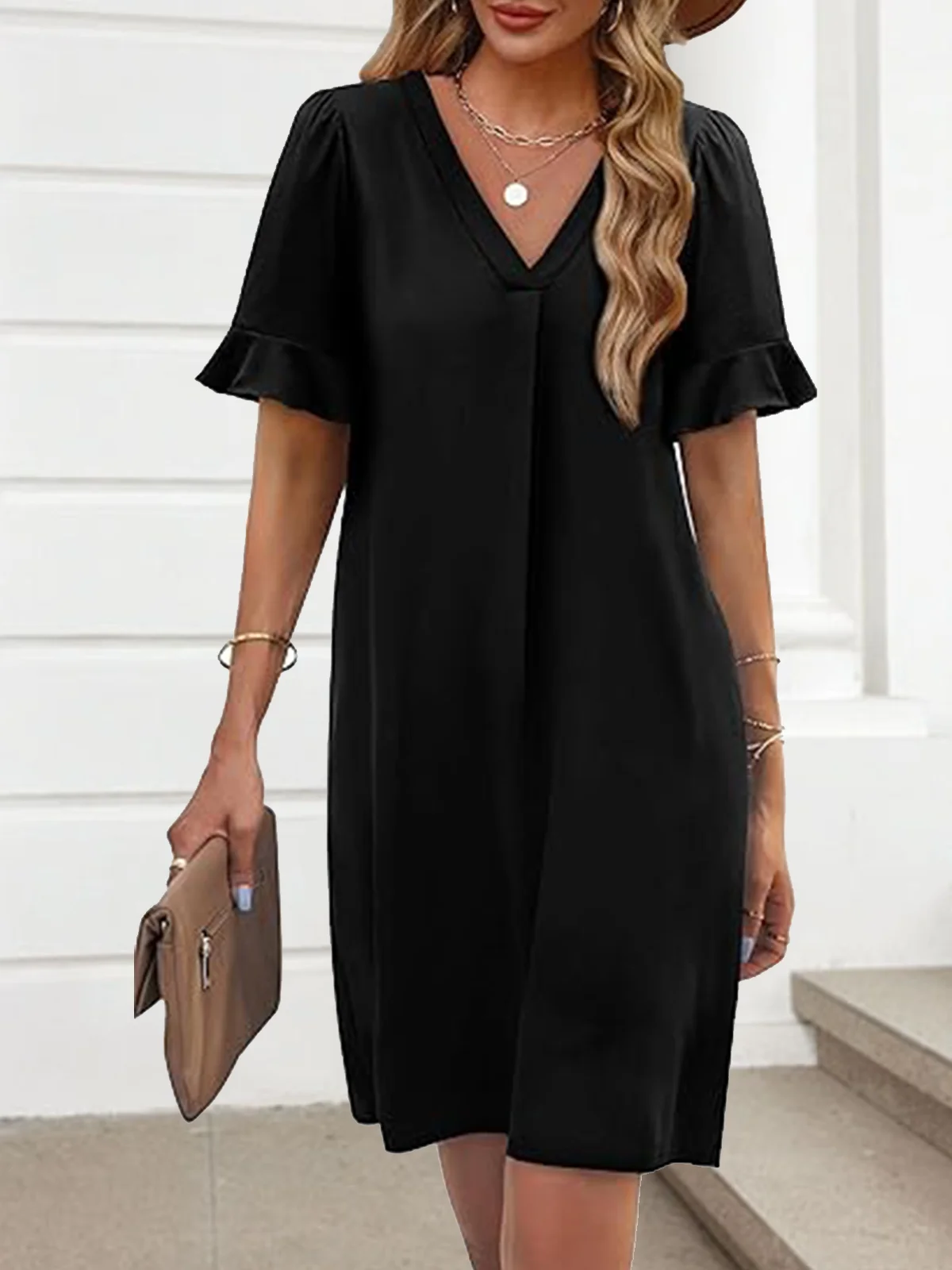 Women Plain Short Sleeve Summer Dress V Neck Daily Casual Midi Fit & Flare Dress A-Line Dress