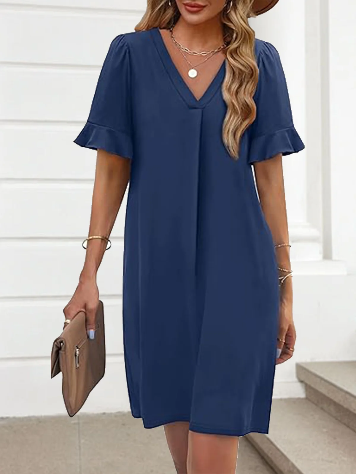 Women Plain Short Sleeve Summer Dress V Neck Daily Casual Midi Fit & Flare Dress A-Line Dress