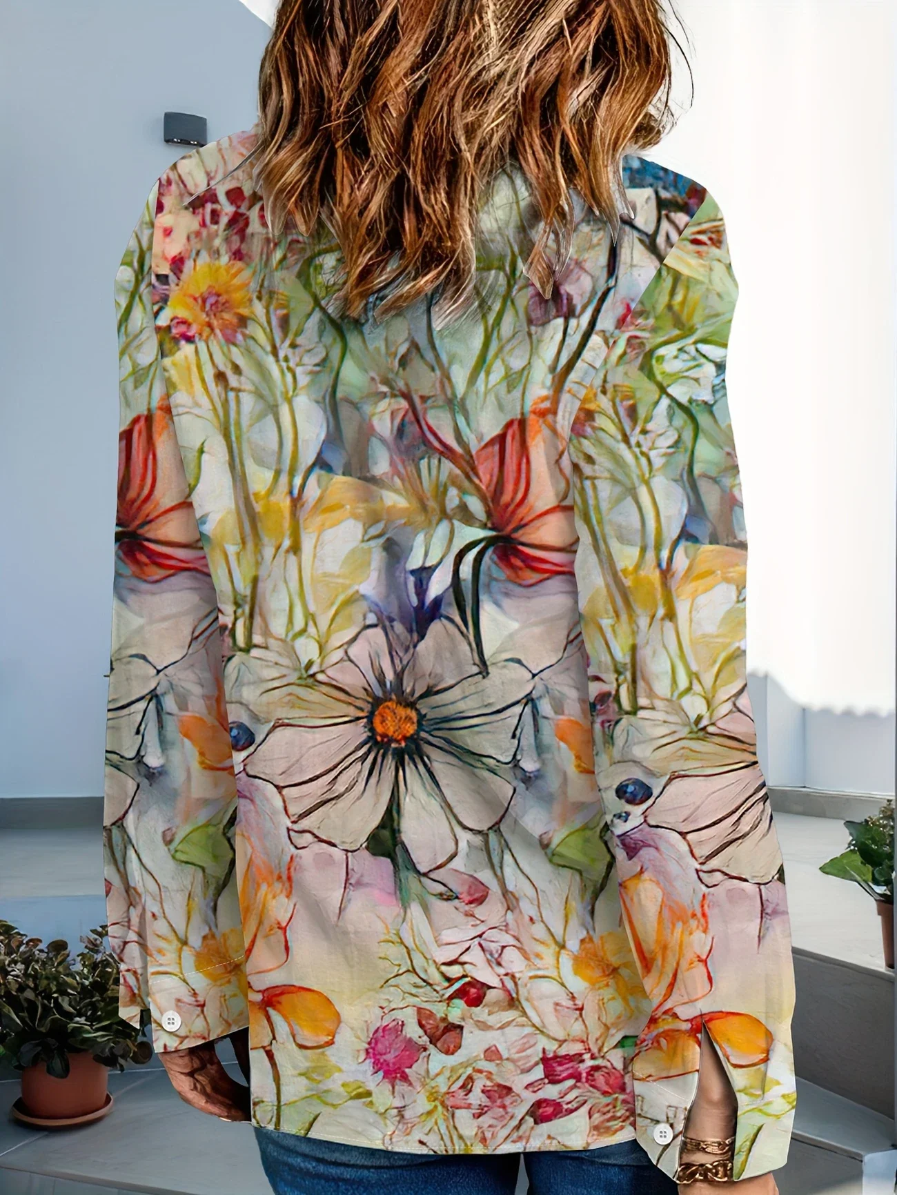 Women Floral Long Sleeve Shirt Spring/Fall Buckle Shirt Collar Daily Casual Top