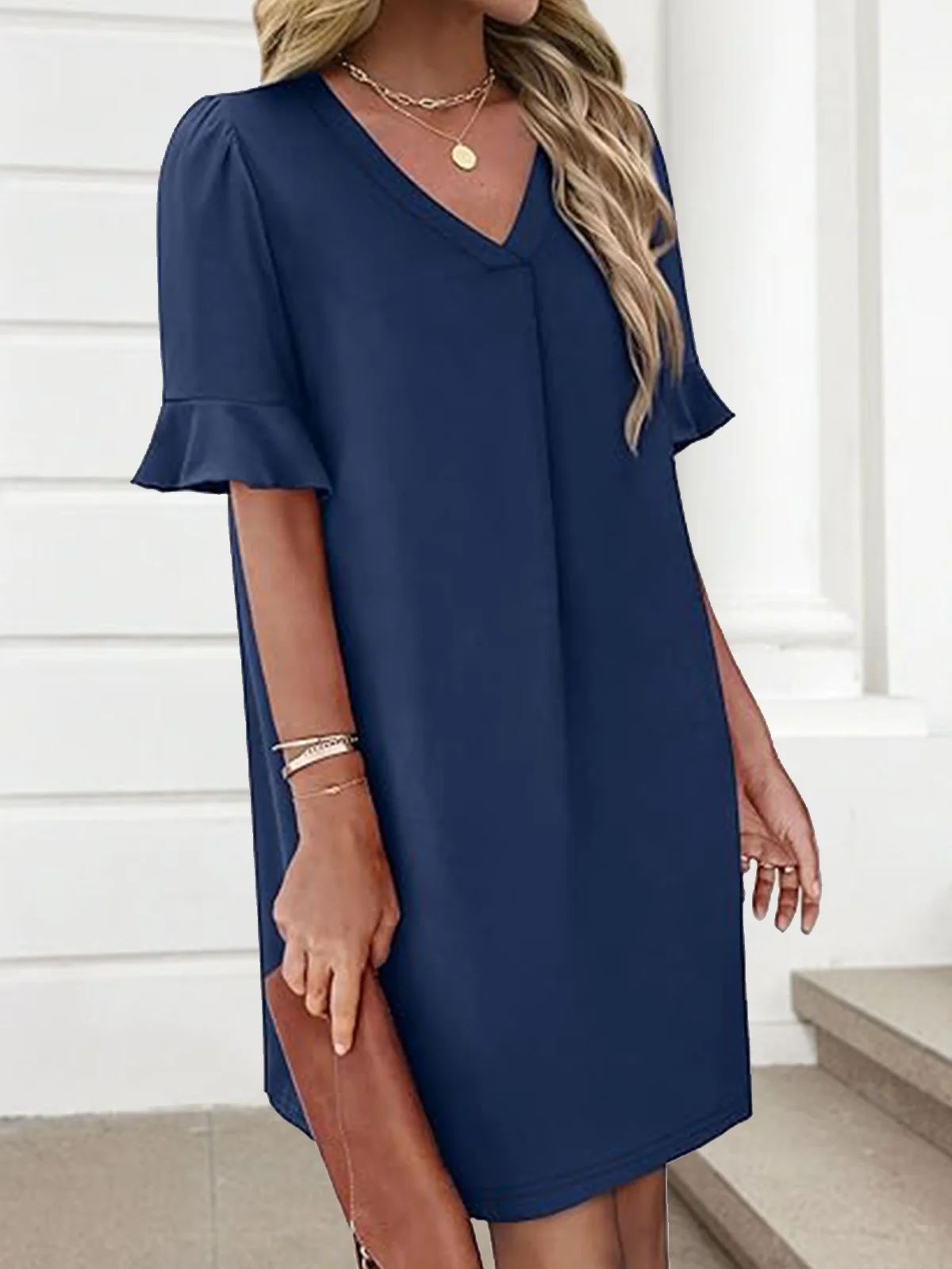 Women Plain Short Sleeve Summer Dress V Neck Daily Casual Midi Fit & Flare Dress A-Line Dress