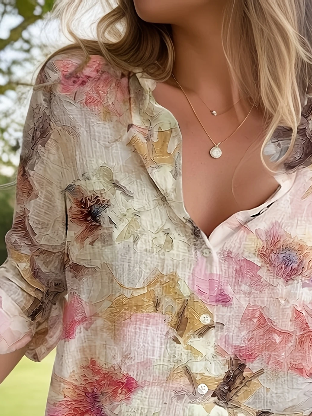 Women Floral Long Sleeve Shirt Spring/Fall Buckle Shirt Collar Daily Casual Top