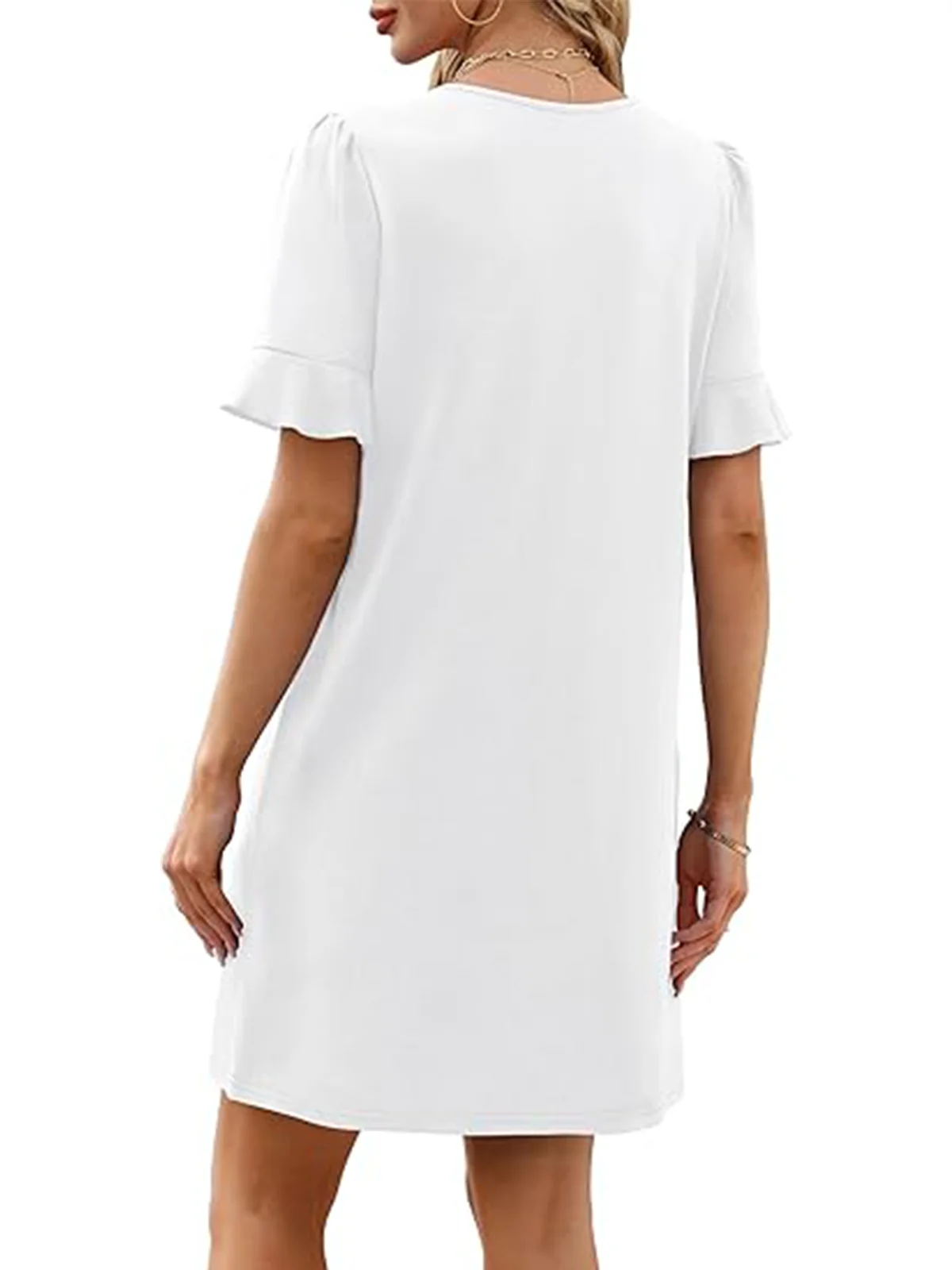 Women Plain Short Sleeve Summer Dress V Neck Daily Casual Midi Fit & Flare Dress A-Line Dress