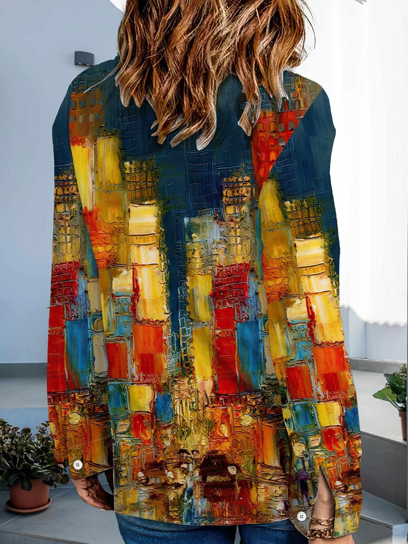 Women Abstract Long Sleeve Shirt Spring/Fall Buckle Shirt Collar Daily Casual Top
