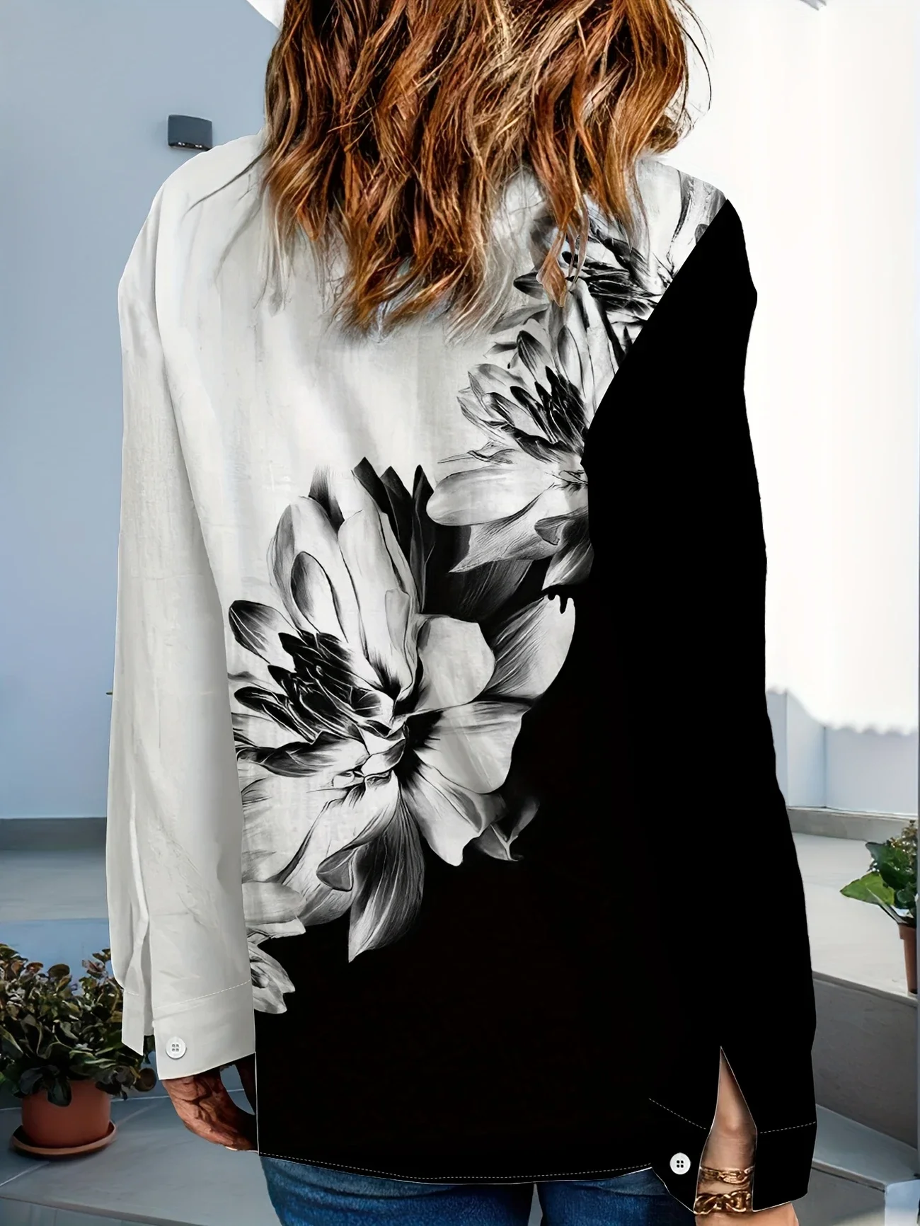 Women Floral Long Sleeve Shirt Spring/Fall Buckle Shirt Collar Daily Casual Top