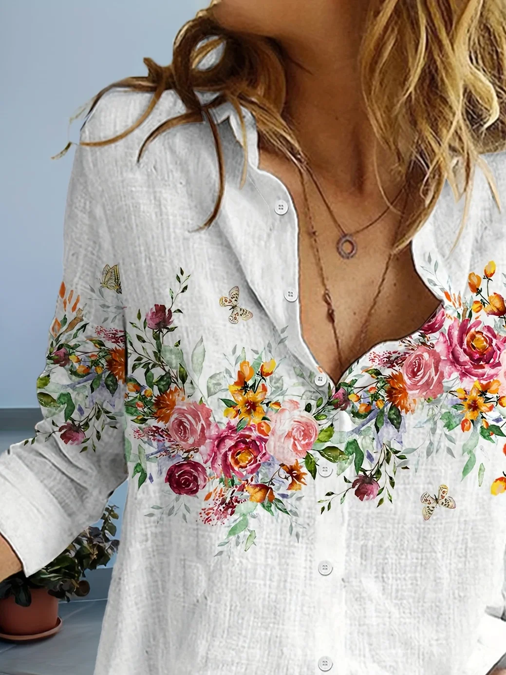 Women Floral Long Sleeve Shirt Spring/Fall Buckle Shirt Collar Daily Casual Top