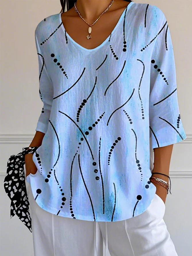 Women Striped Three Quarter Sleeve Tee T-shirt V Neck Casual Spring/Fall Top