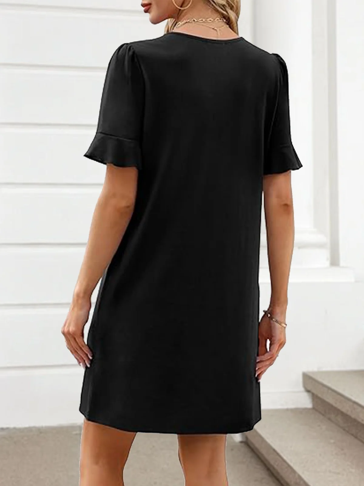 Women Plain Short Sleeve Summer Dress V Neck Daily Casual Midi Fit & Flare Dress A-Line Dress