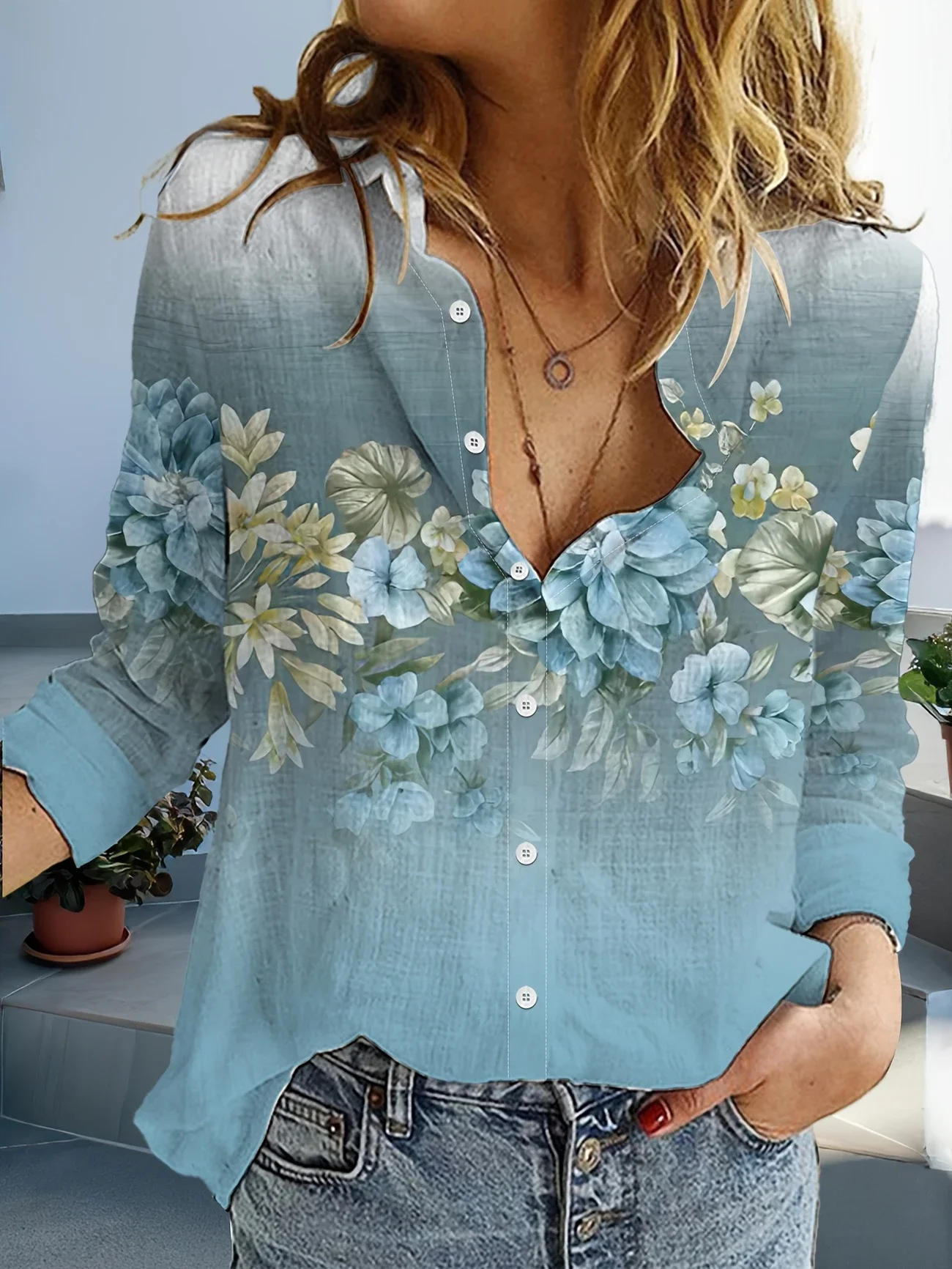 Women Floral Long Sleeve Shirt Spring/Fall Buckle Shirt Collar Daily Casual Top