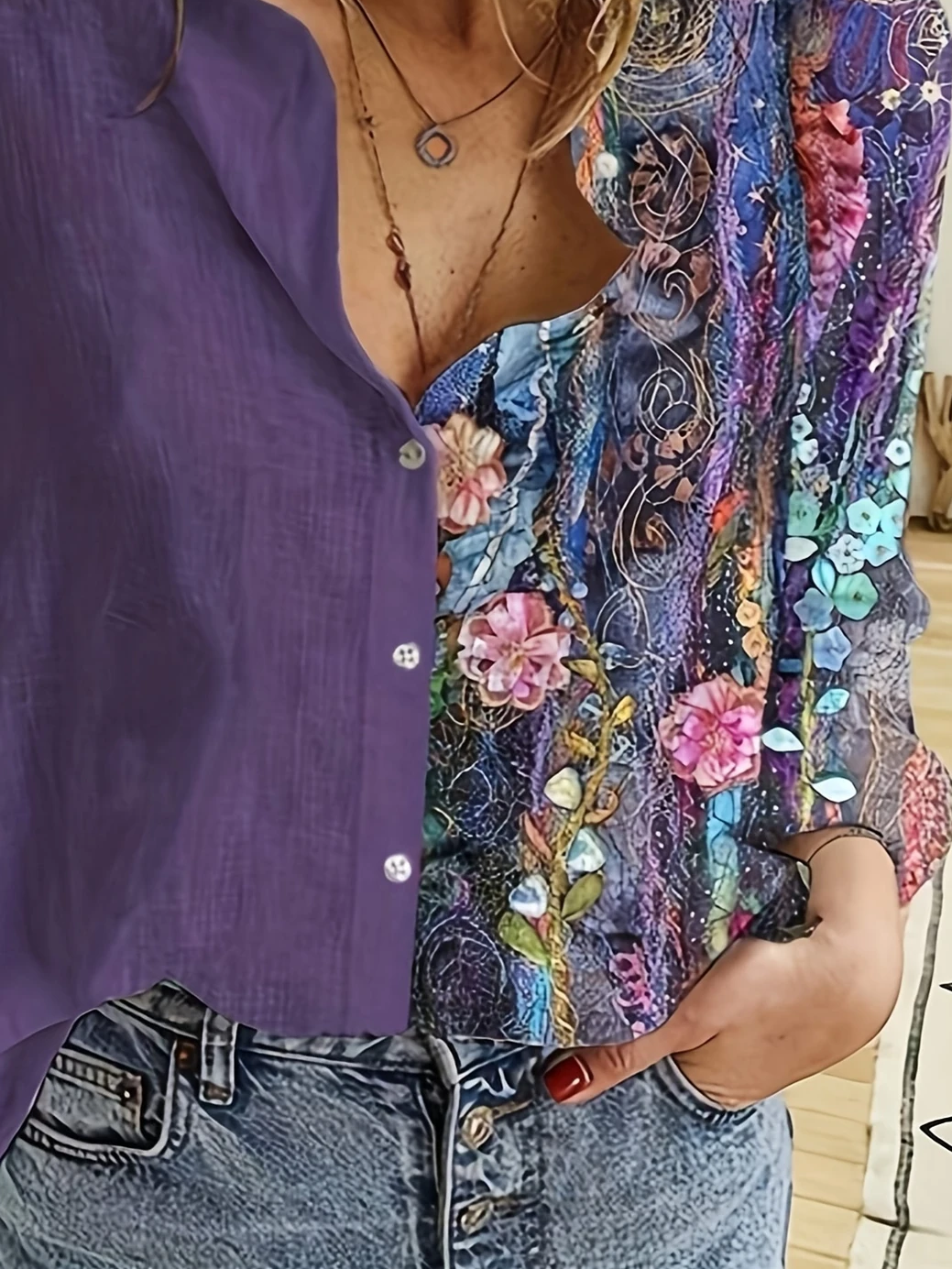 Women Floral Long Sleeve Shirt Spring/Fall Buckle Shirt Collar Daily Casual Top
