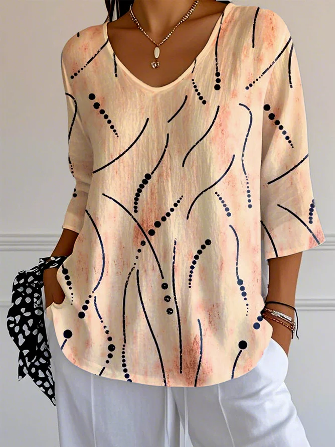 Women Striped Three Quarter Sleeve Tee T-shirt V Neck Casual Spring/Fall Top