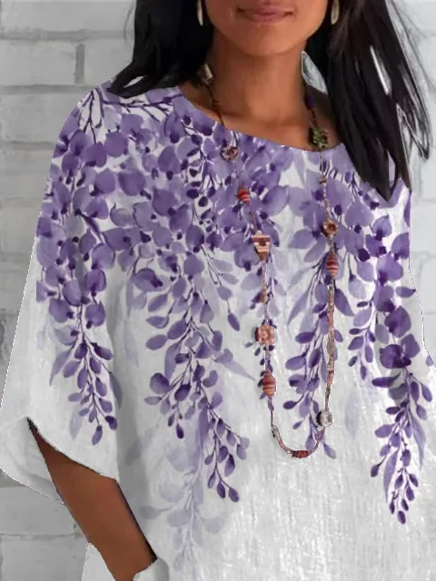 Women Floral Half Sleeve Tee T-shirt Crew Neck Casual Summer Top