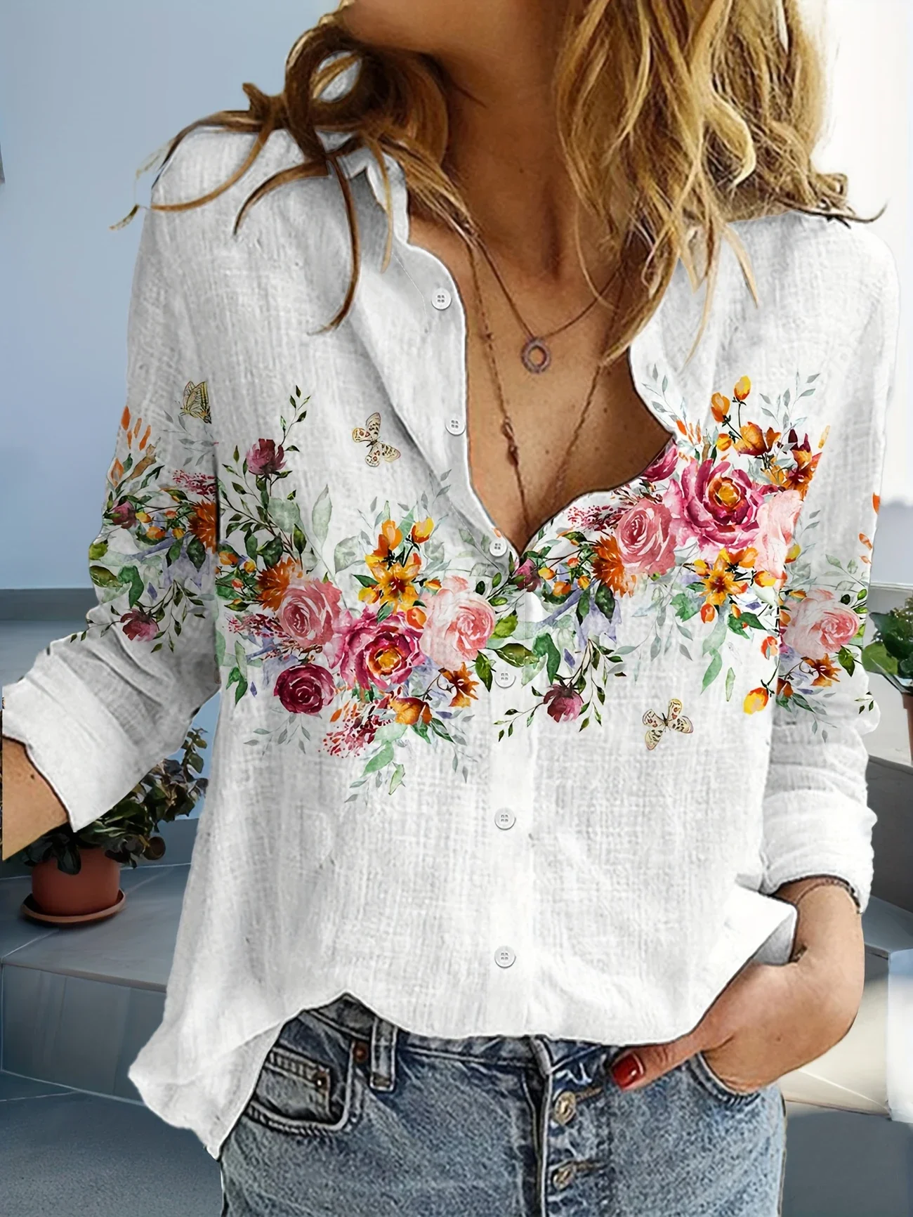 Women Floral Long Sleeve Shirt Spring/Fall Buckle Shirt Collar Daily Casual Top