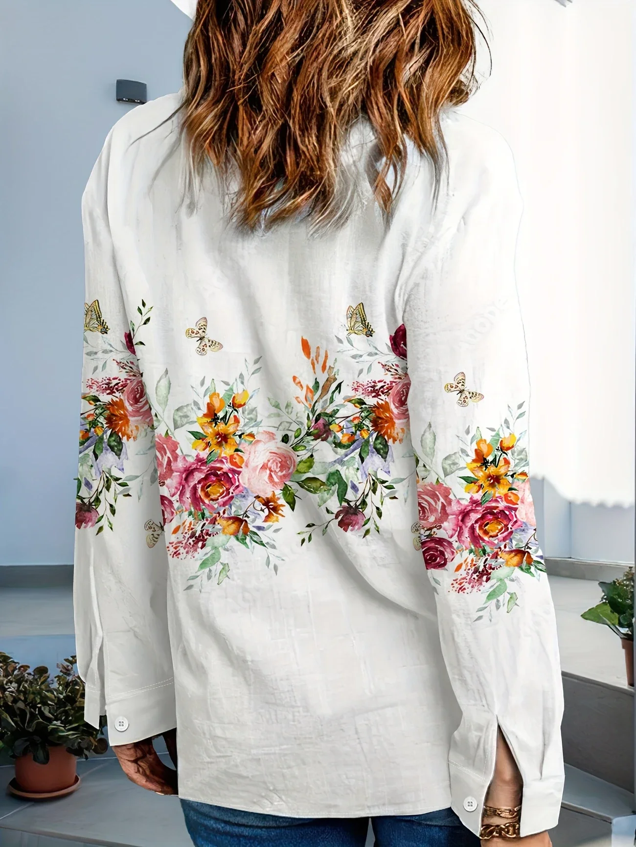 Women Floral Long Sleeve Shirt Spring/Fall Buckle Shirt Collar Daily Casual Top