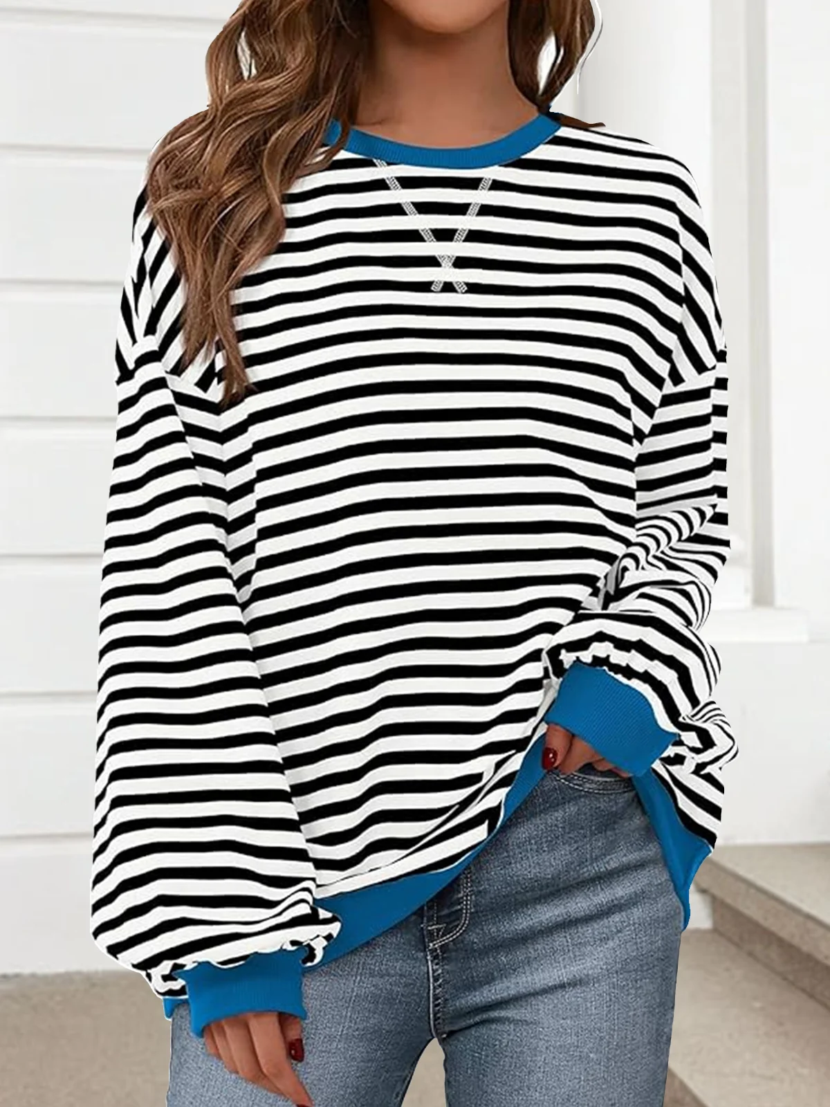 Women Striped Spring/Fall Long Sleeve Casual Daily Hoodie