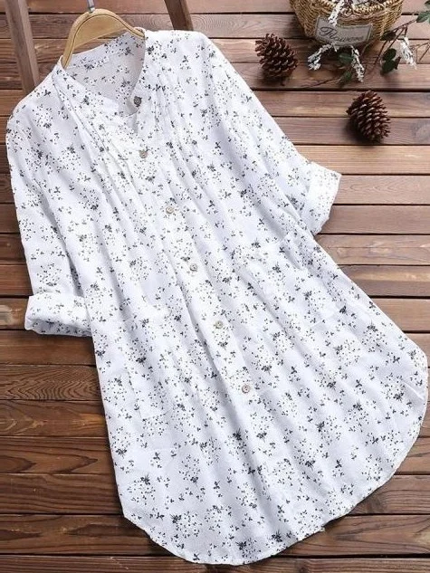 Women Floral Long Sleeve Shirt Spring/Fall Printing Stand Collar Daily Casual Top