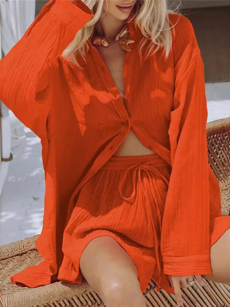 Women Plain Split Joint Two-Piece Set Daily Long Sleeve Casual Spring/Fall Top With Pants Matching Set