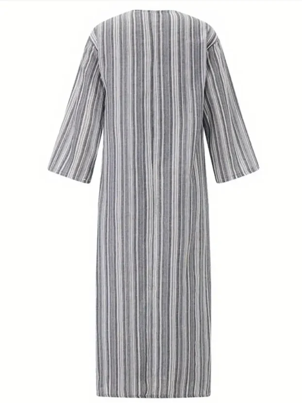 Women Striped Long Sleeve Spring/Fall Printing Dress U-Neck Daily Vintage Maxi Tank A-Line Dress