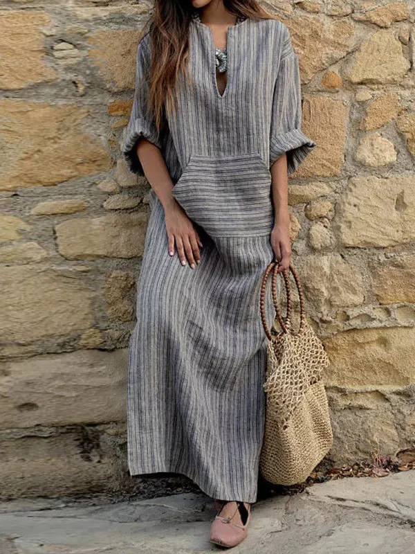 Women Striped Long Sleeve Spring/Fall Printing Dress U-Neck Daily Vintage Maxi Tank A-Line Dress