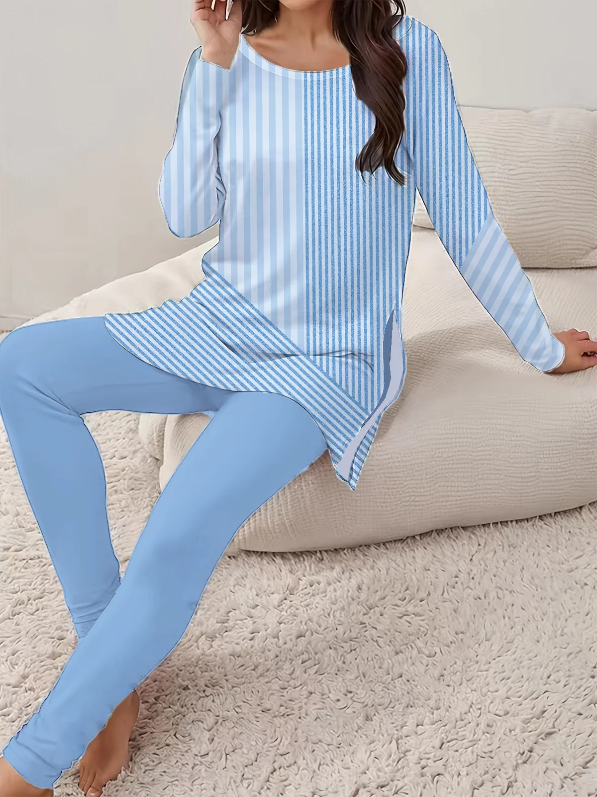 Women Striped Printing Two-Piece Set Daily Long Sleeve Casual Spring/Fall Top With Pants Matching Set