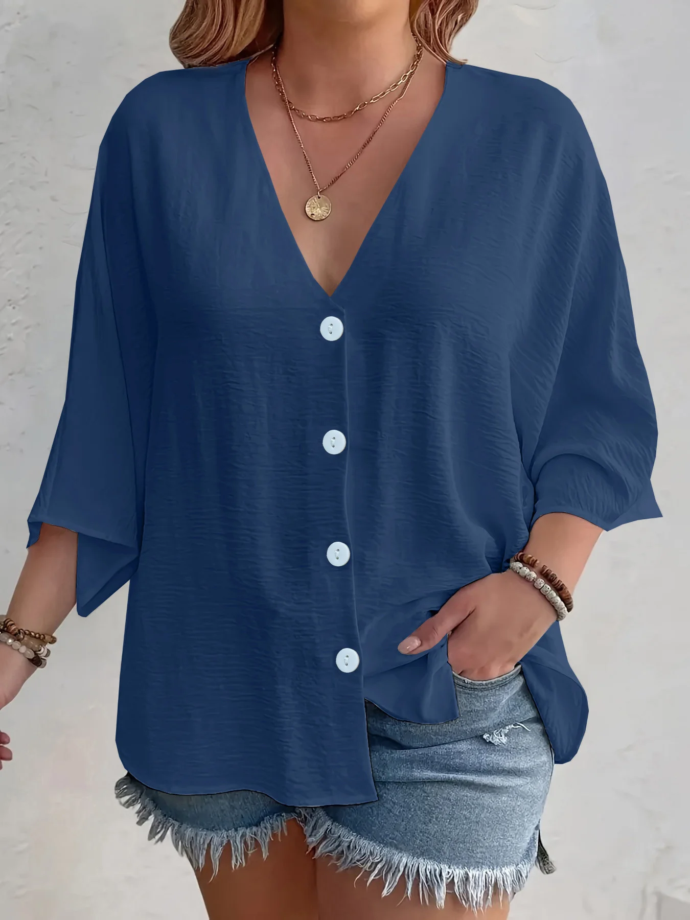 Women Plain Three Quarter Sleeve Shirt Spring/Fall Split Joint V Neck Daily Casual Top