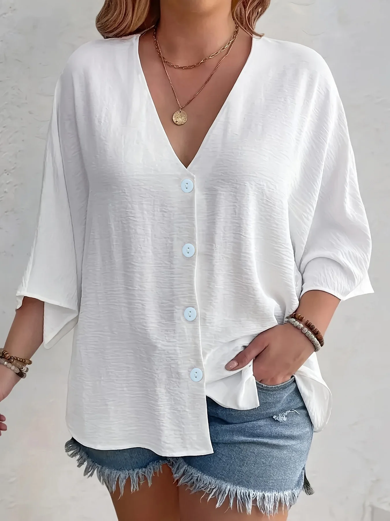 Women Plain Three Quarter Sleeve Shirt Spring/Fall Split Joint V Neck Daily Casual Top