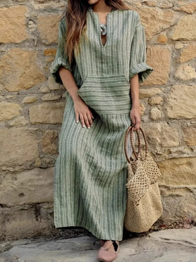 Women Striped Long Sleeve Spring/Fall Printing Dress U-Neck Daily Vintage Maxi Tank A-Line Dress