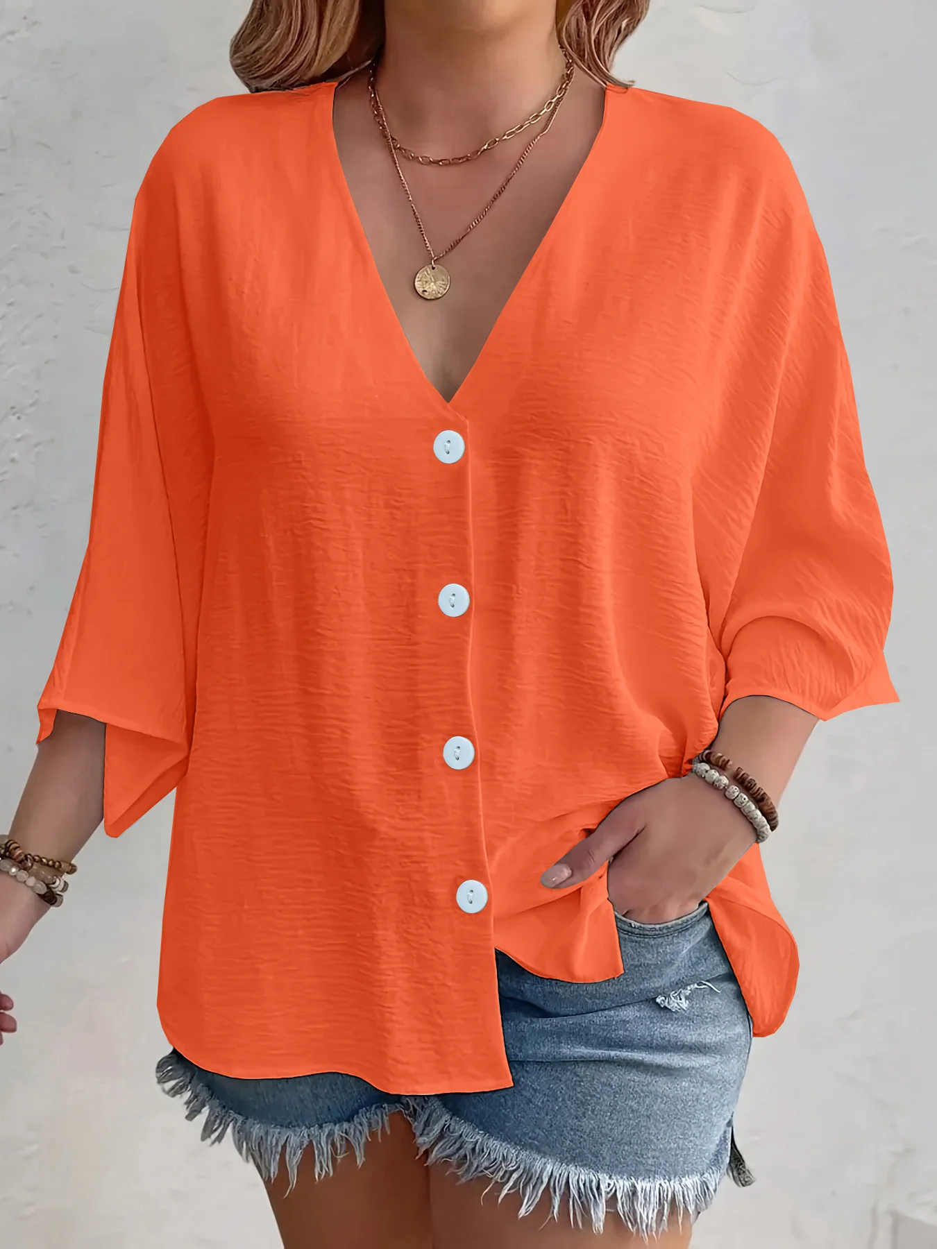 Women Plain Three Quarter Sleeve Shirt Spring/Fall Split Joint V Neck Daily Casual Top