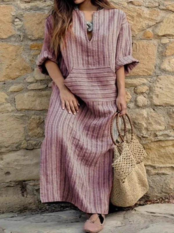 Women Striped Long Sleeve Spring/Fall Printing Dress U-Neck Daily Vintage Maxi Tank A-Line Dress