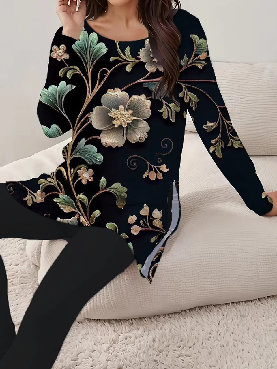 Women Floral Printing Two-Piece Set Daily Long Sleeve Casual Spring/Fall Top With Pants Matching Set