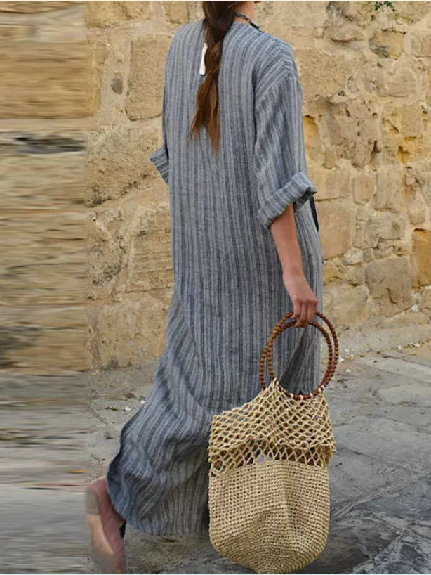 Women Striped Long Sleeve Spring/Fall Printing Dress U-Neck Daily Vintage Maxi Tank A-Line Dress