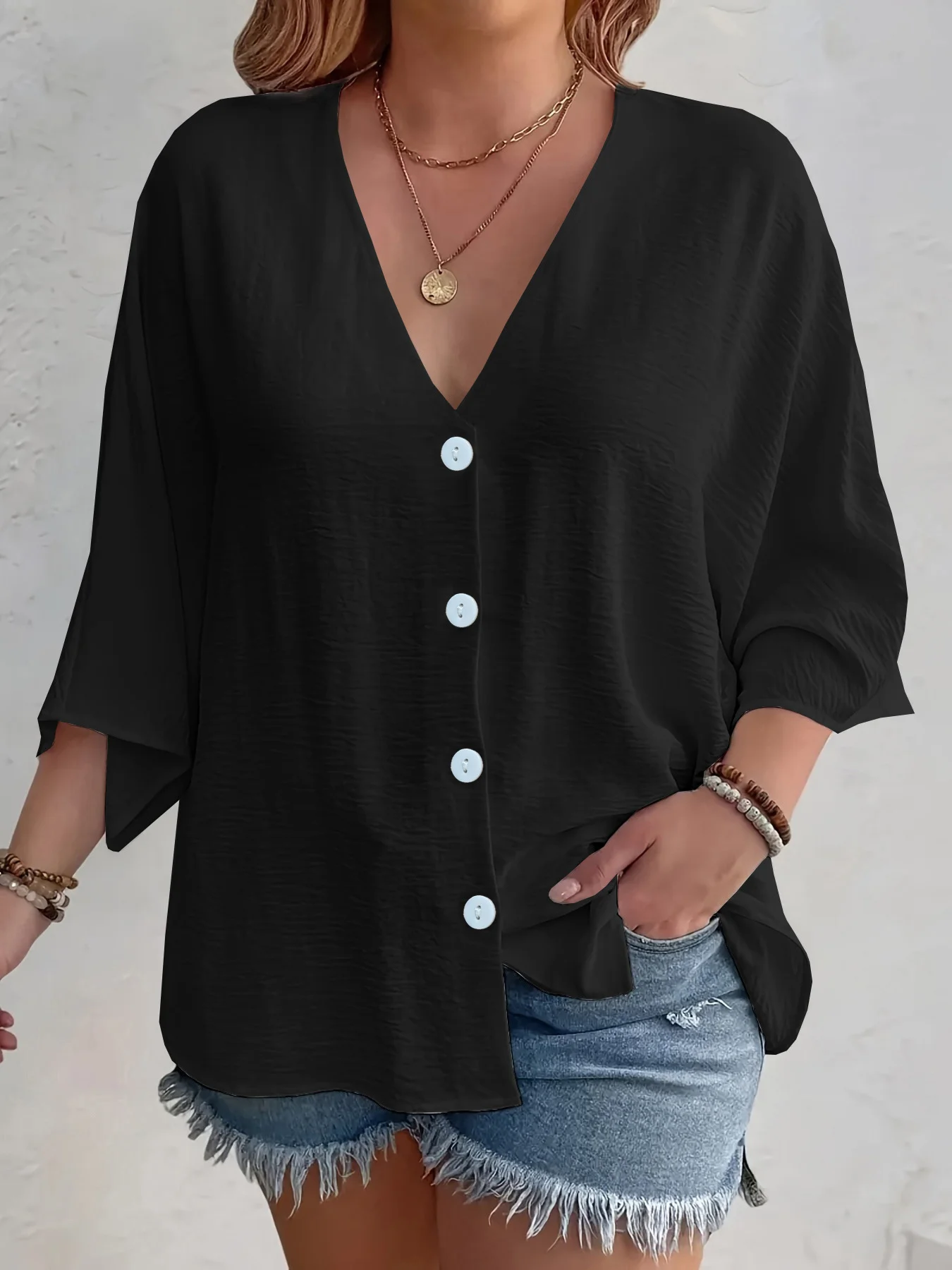 Women Plain Three Quarter Sleeve Shirt Spring/Fall Split Joint V Neck Daily Casual Top
