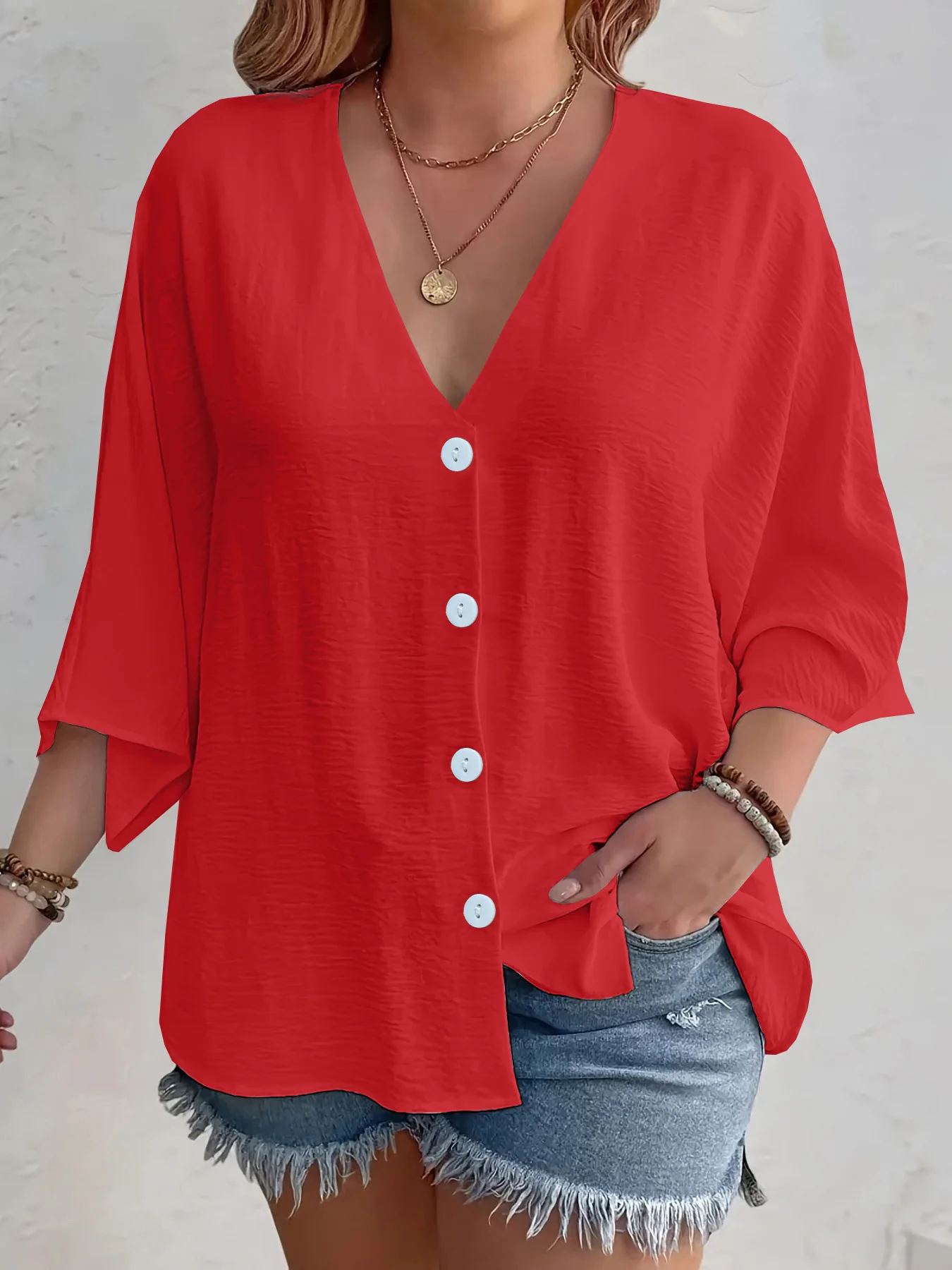 Women Plain Three Quarter Sleeve Shirt Spring/Fall Split Joint V Neck Daily Casual Top