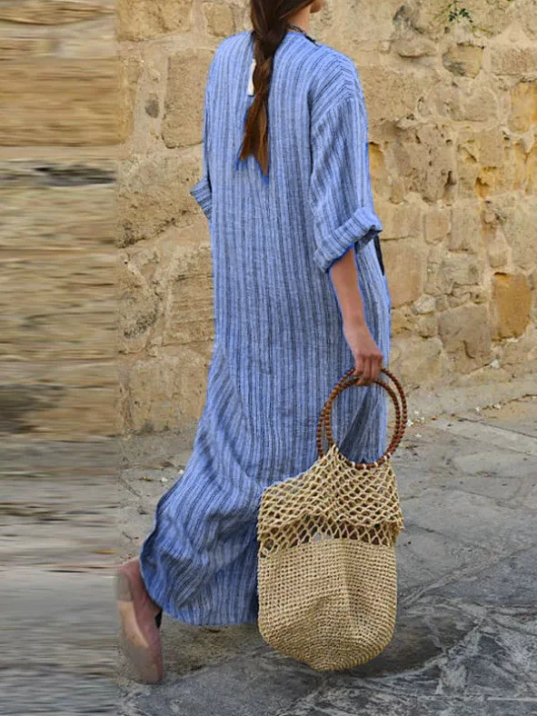 Women Striped Long Sleeve Spring/Fall Printing Dress U-Neck Daily Vintage Maxi Tank A-Line Dress