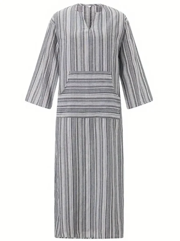 Women Striped Long Sleeve Spring/Fall Printing Dress U-Neck Daily Vintage Maxi Tank A-Line Dress
