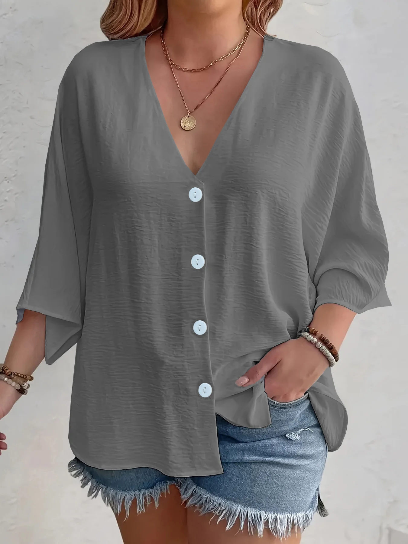 Women Plain Three Quarter Sleeve Shirt Spring/Fall Split Joint V Neck Daily Casual Top