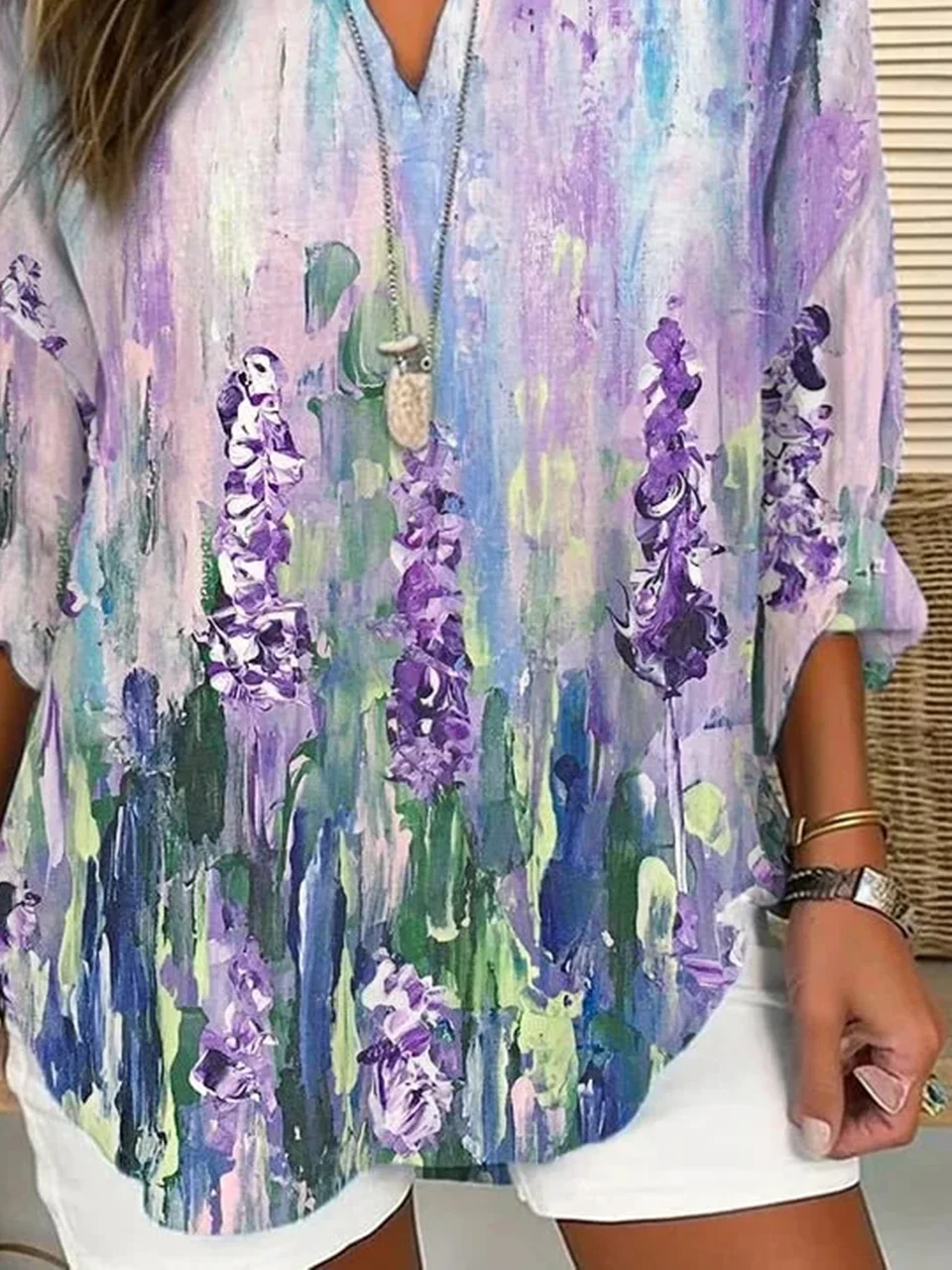 Women Floral Long Sleeve Blouse Spring/Fall Printing V Neck Daily Casual Top